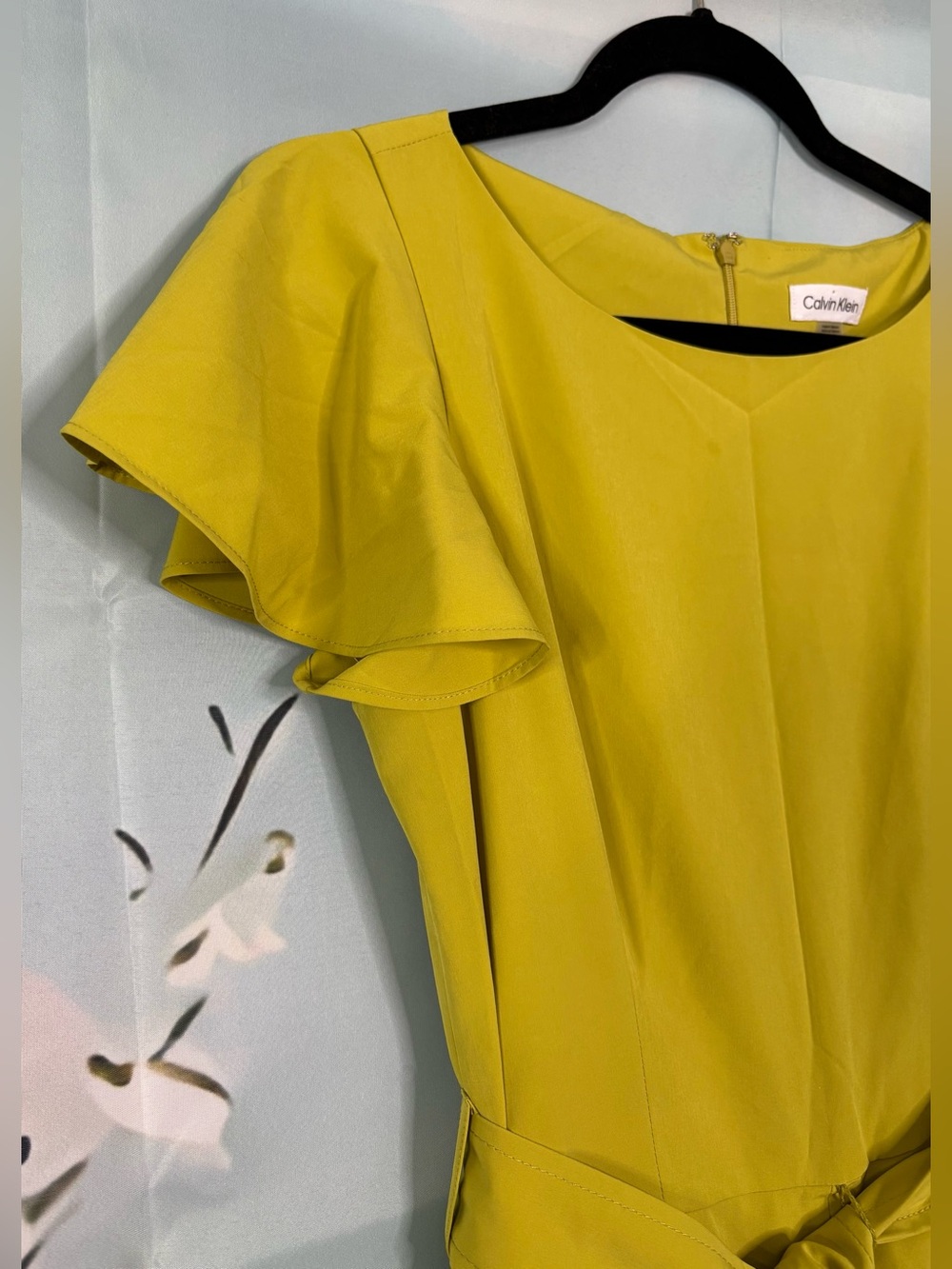 Calvin Klein Chartreuse Yellow Flutter Sleeve Belted Jumpsuit Size 8 NWT - Picture 6 of 16